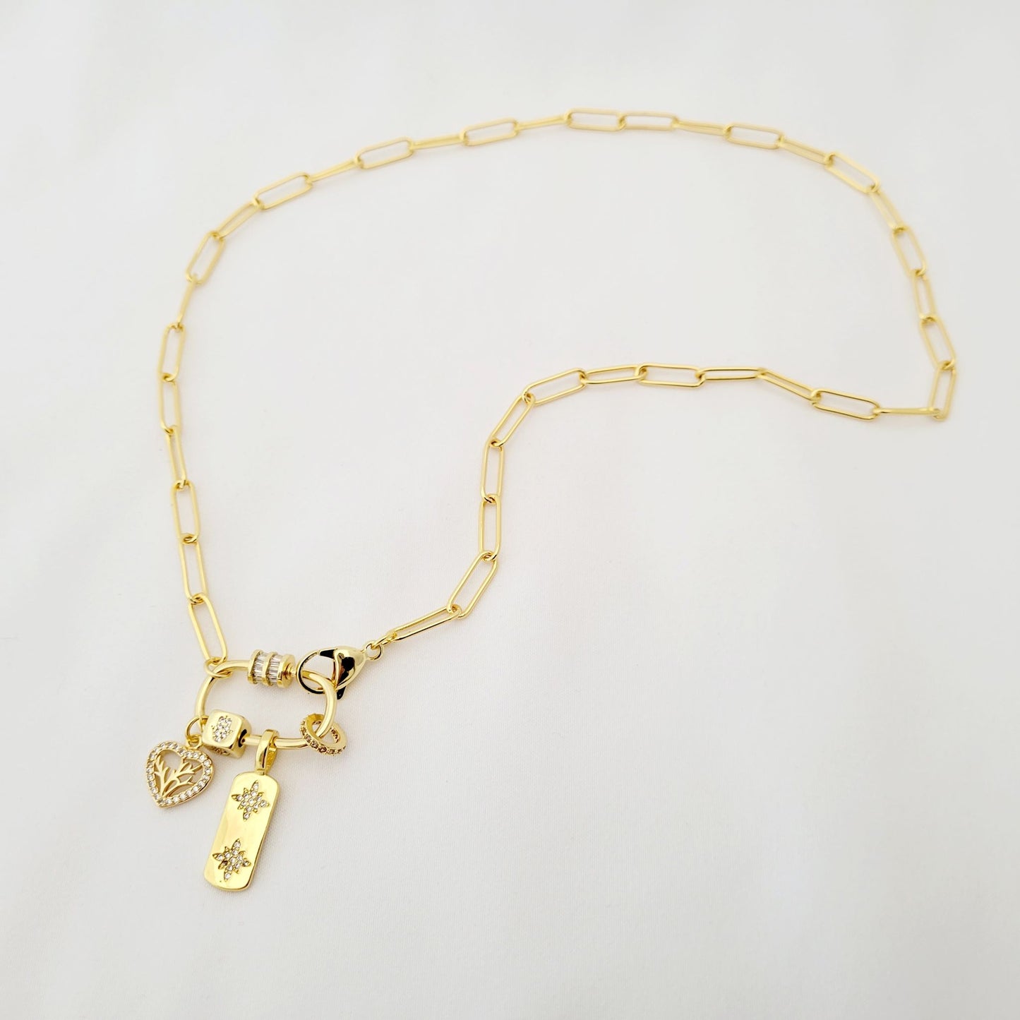 Gold Necklace With Carabiner and Four Charms